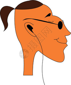 一个带着黑眼镜马尾头发和耳机卡通矢量彩色画或插图的快乐男孩图片