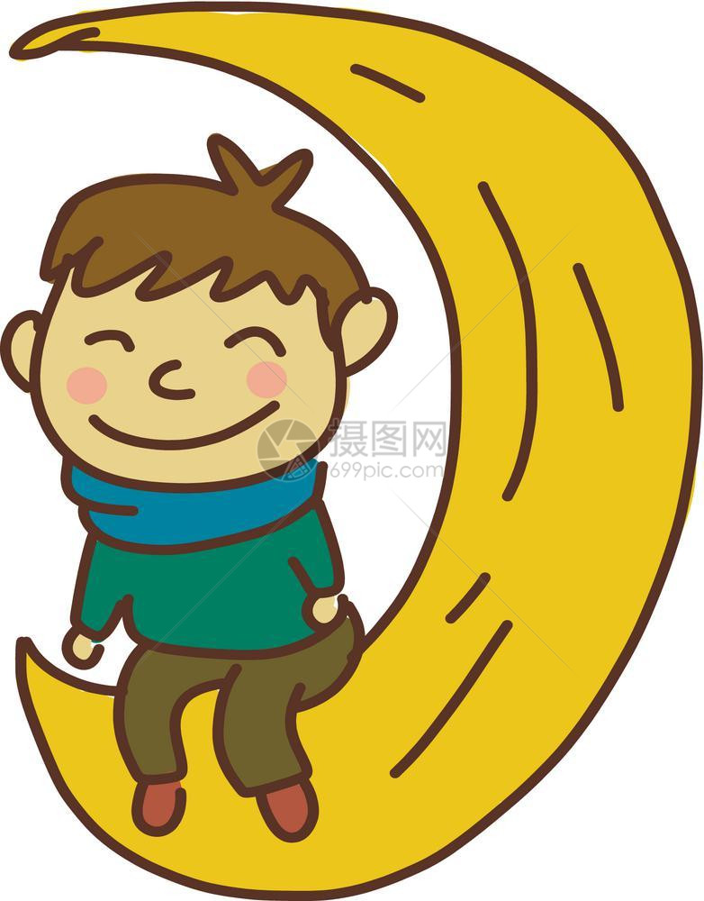 一个带着粉红脸颊绿色衬衫和蓝围巾的快乐男孩坐在月球卡通矢量彩色画或插图图片