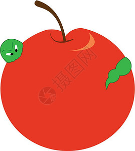 红苹果含有绿蠕虫矢量颜色图或插图片