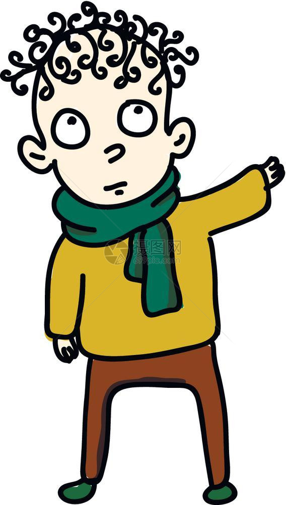 一名身着绿色围巾的卷头发男孩挥舞着一只手矢量彩色绘画或插图图片