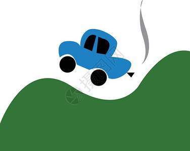 蓝色汽车跳跃绿山丘矢量图图片