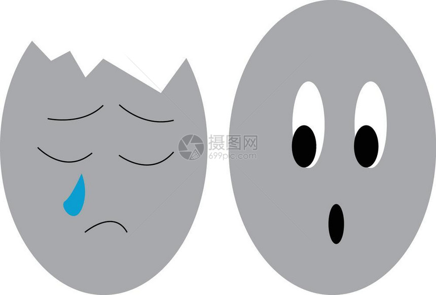 两个鸡蛋的卡通其中一个从顶部破碎并哭泣的矢量颜色画或插图图片