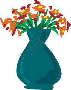 绿色花瓶矢量彩绘画或插图中的几朵花像图片