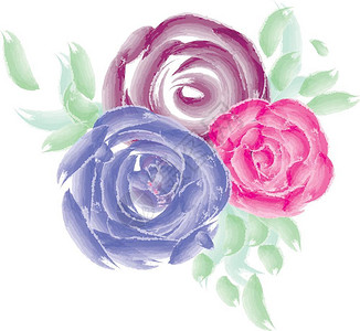 一束紫红色和蓝彩花束上面有浅绿色叶子周围有矢量彩色绘画或插图图片