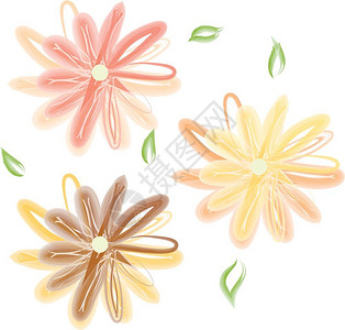 由叶矢量彩色绘画或插图环绕的三朵盛开花背景图片