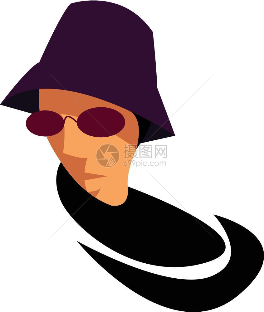 身戴紫色太阳帽和眼镜的男人矢量彩色绘画或插图图片