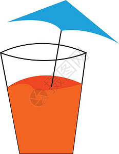 玻璃杯上装满橙汁和蓝色雨伞上面加矢量颜色图画或插图片