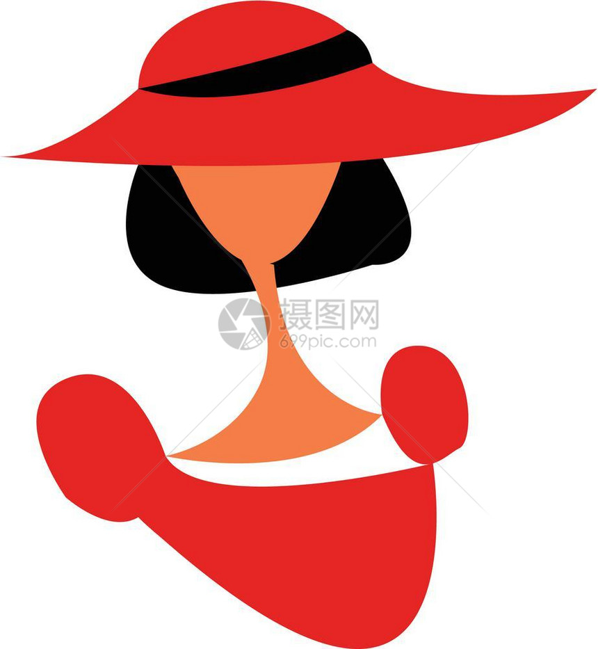 一名身戴超大红帽子和花纹矢量彩色绘画或插图的妇女图片