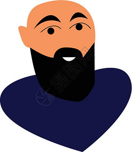 秃顶男子长厚的黑胡子和长身着蓝色T恤衫矢量彩色绘画或插图图片