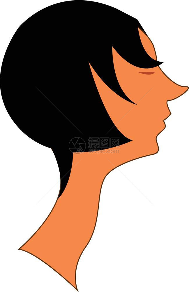 黑发女孩颈部异常长鼻子口尖彩色绘画或插图图片