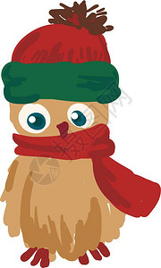 红色眼睛棕色猫头鹰红鼻子穿色围巾彩绘画或插图插画