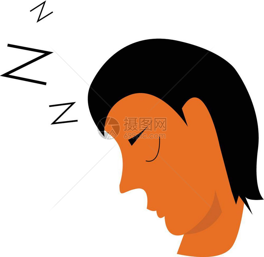一个黑头发的男人眼睛闭着暗示他睡了矢量彩色画或插图图片