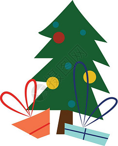 装饰的圣诞树在周围配有礼品矢量彩色绘画或插图背景图片