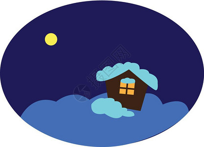 夜间矢量彩色绘画或插图时被雪覆盖的房屋绘画图片
