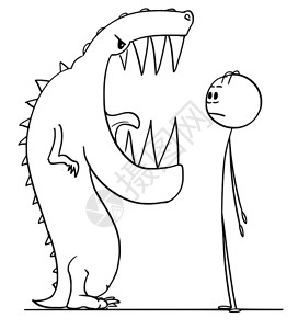 卡通棍子图画出一个概念说明震惊的人在危险蜥蜴怪物嘴里看着大牙齿图片