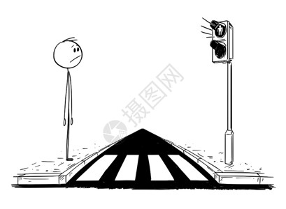 卡通棍图描绘在十字路口或行人交叉等待灯绿的人概念图红灯开着图片