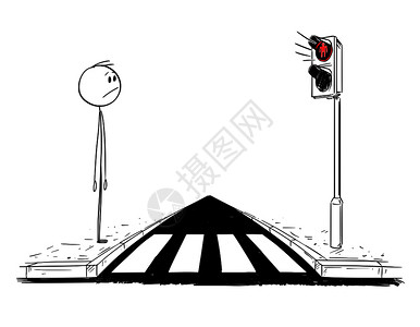 红灯的路口卡通棍图描绘在十字路口或行人交叉等待灯绿的人概念图红灯开着插画