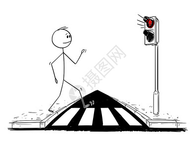 一个人走在路上卡通棍子图描绘一个人在十字路口或行人交叉上走而无视红灯照在路上的概念图插画