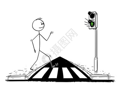 增城挂绿卡通棍子图绘制了人类在十字路口行走或人时在截光灯下挂绿的概念图插画