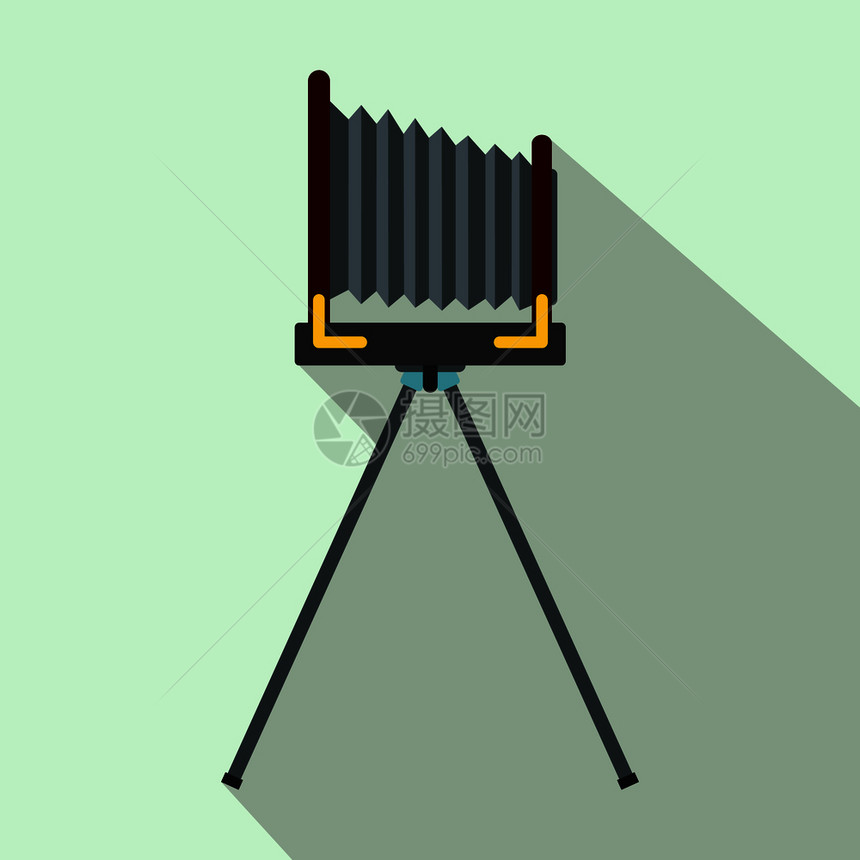 在浅蓝色背景的三脚手图标上旧相机在三脚手图标上的旧相机平板风格的旧相机图片