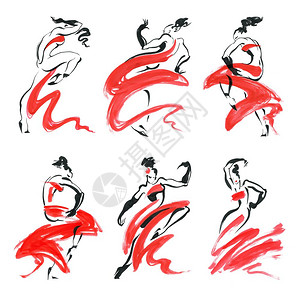 Flamenco美丽的舞女水彩拉丁墨水手绘画插图图片