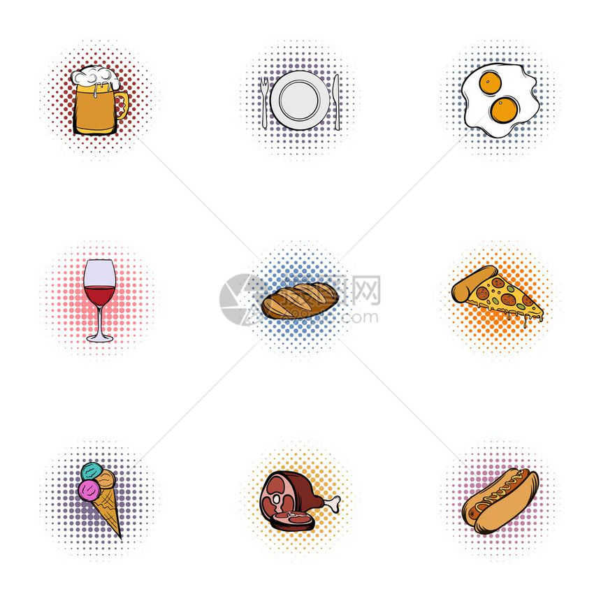 快速食品图标集用于网络的9个快速食物矢量图标的流行艺术插图快速食品标集流行艺术风格图片