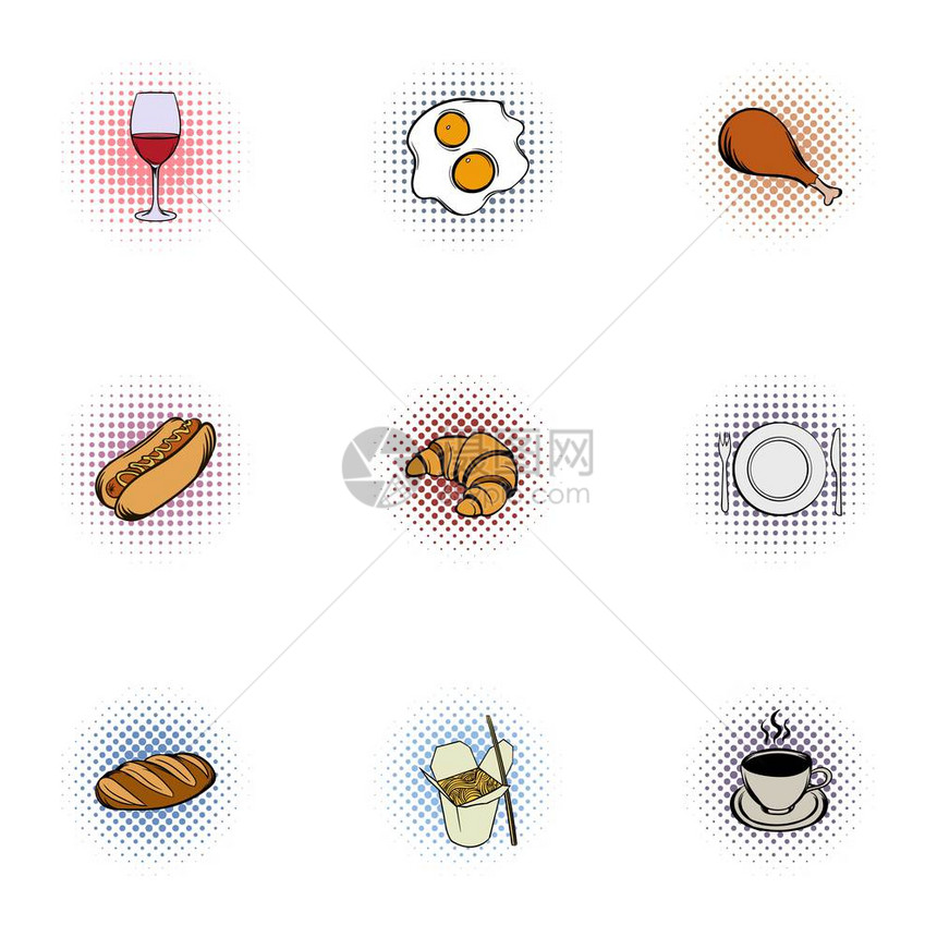 快速餐图标集用于网络的9个快速餐矢量图标的流行小餐插图快速餐标集流行小餐风格图片