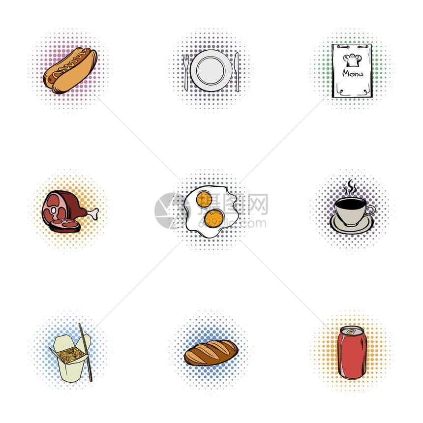 垃圾食品图标设置Popart演示9个垃圾食品向量图标用于网络Junk食品图标设置流行艺术风格图片