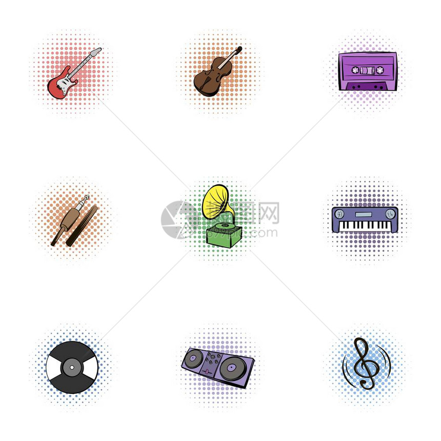音乐器图标集设置9个音乐器矢量图标用于网络的流行艺术插图音乐器标集流行艺术风格图片