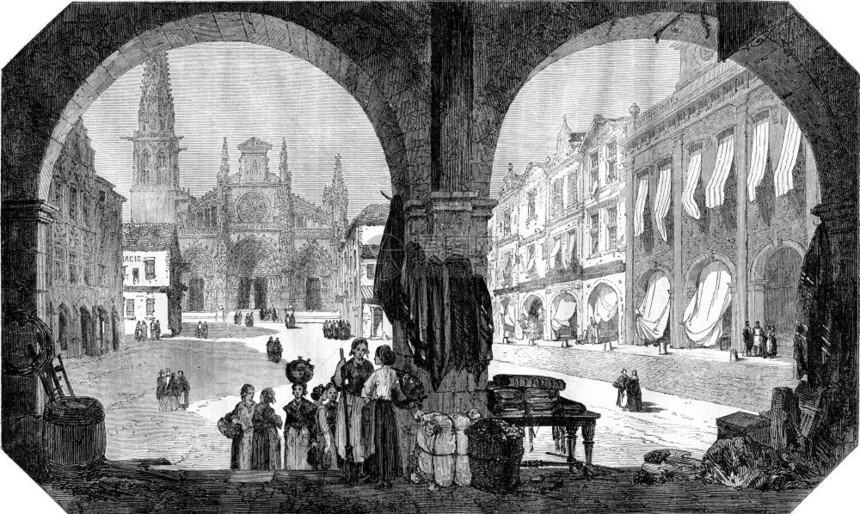 Gironde的Bazas广场和教堂1867年的MagasinPittoresque刻有古典的插图图片