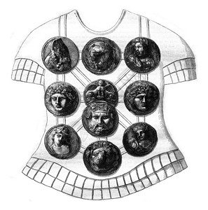 罗马军事装饰经过火古典博物馆的雕刻1869年的MagasinPittoresque背景图片