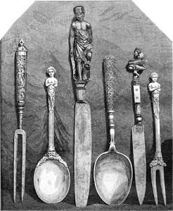 十六世纪和七雕刻象牙的餐具1870年的MagasinPittoresque图片