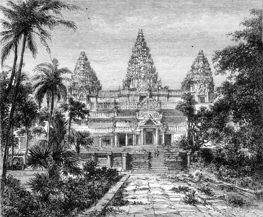AngkorWat概览的Ruins1870年的MagasinPittoresque刻有古老的插图图片
