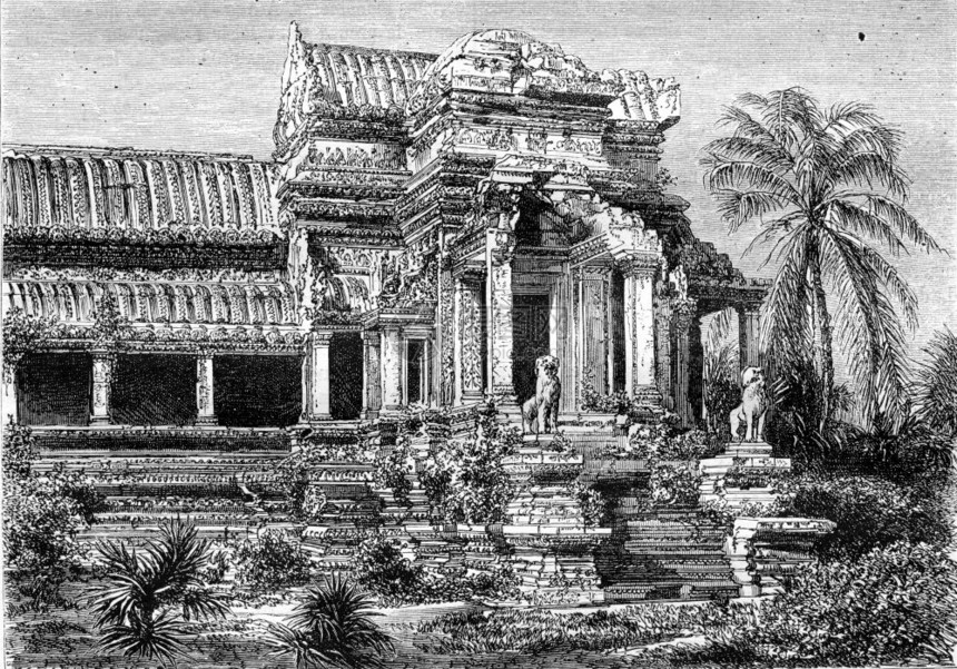 AngkorWat的废墟房子外墙古老的刻字图解1870年的MagasinPittoresque图片