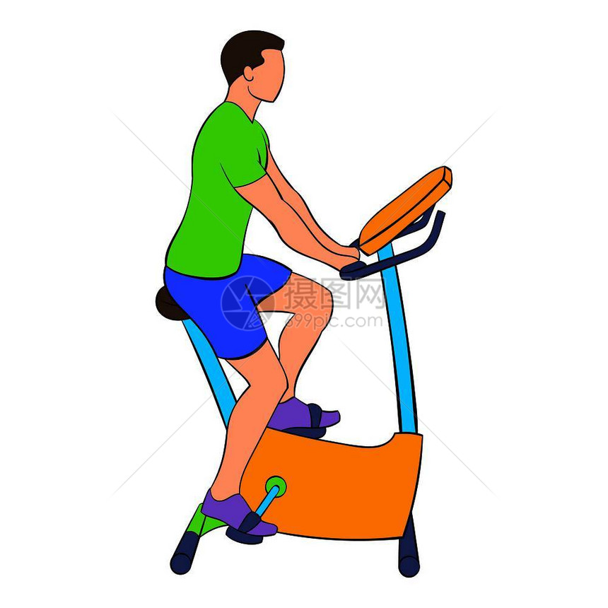 以卡通风格的固定型自行车图标进男子培训孤立矢量插图图片