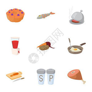 卡通火腿烹饪图标集卡通插图用于网络的9个烹饪矢量图标烹饪集卡通风格背景