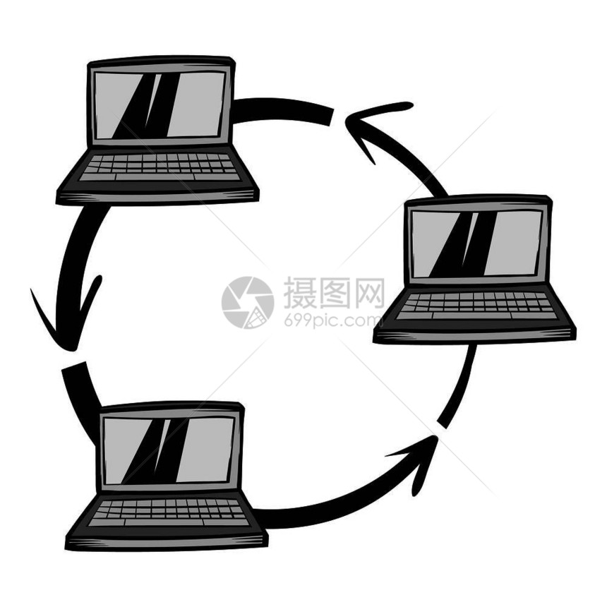 在三个计算机图标之间交换卡通风格三个计算机图标的数据孤立矢量说明三个计算机图标之间交换数据图片