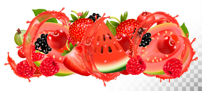 飞溅果汁和草莓水果矢量插画插画