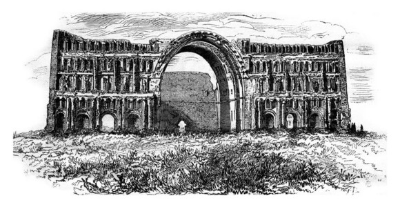 1876年在Ctesiphon的ParvizKhosrau宫的废墟中面部刻有古老的插图MagasinPittoresque187背景