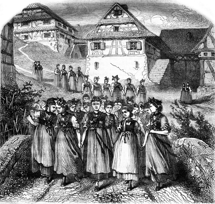 Alsace纪念过去星期天步行到村落1876年MagasinPittoresque刻有古老的插图图片