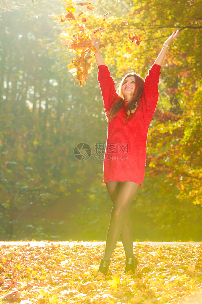 女孩扔树叶秋天森林里的年轻女人玩花叶自然户外放松概念图片