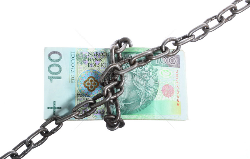 波兰货币Zzloty纸钞在链条中图片