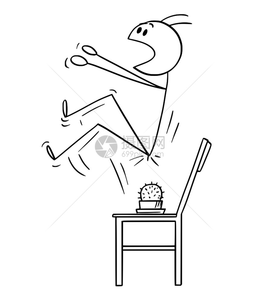 矢量卡通棒图绘制一个人在坐椅子上安仙人掌时出现的概念图图片