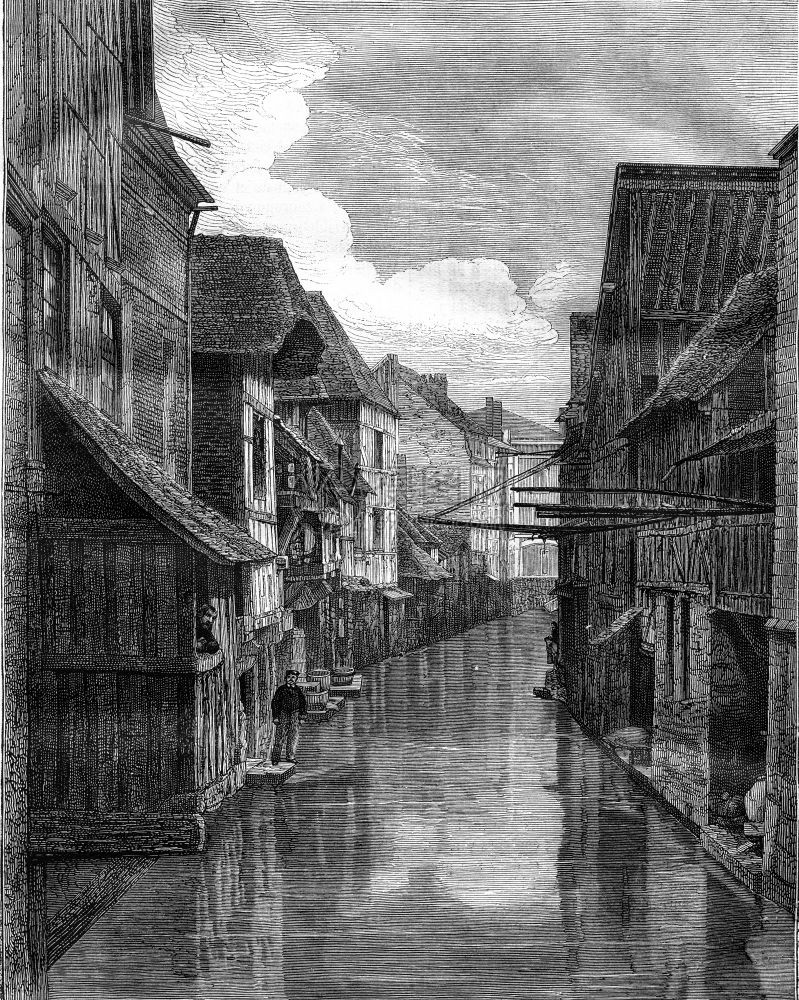 PontAudemerGrandMoulin商业街大桥的View187年MagasinPittoresque刻有古老的插图图片
