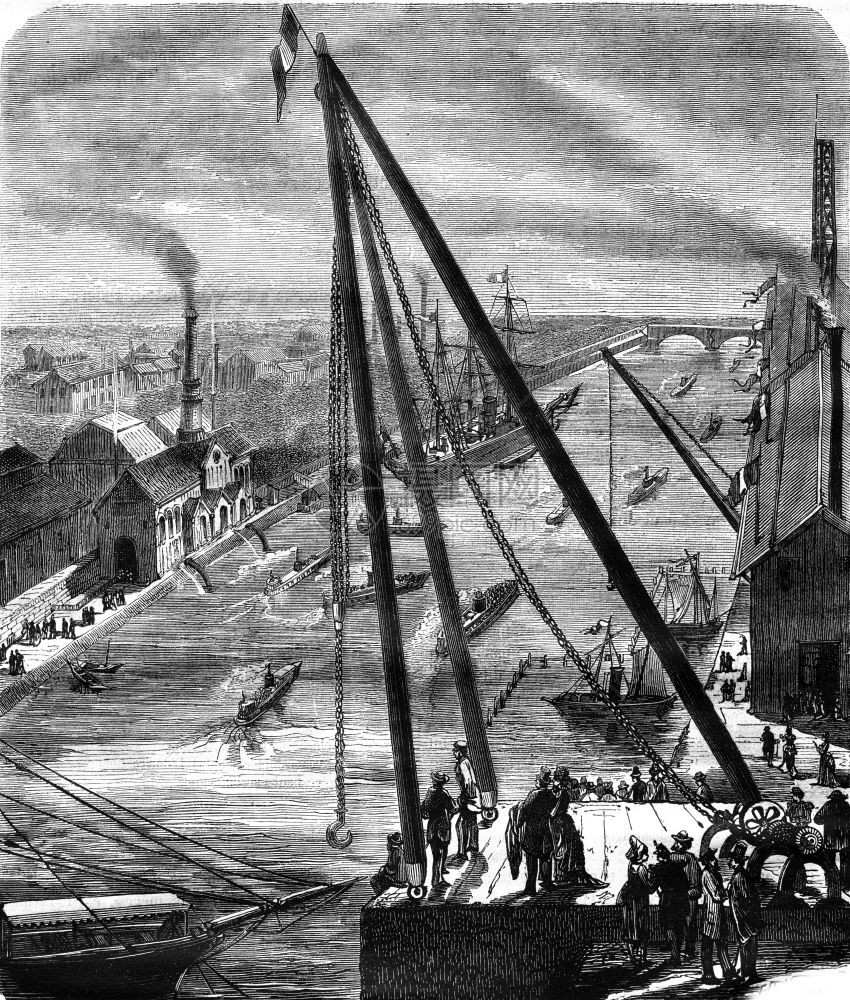 瀑布冷冻船大克莱恩号航道馆刻有古代图案的水供应MagasinPittoresque187年图片
