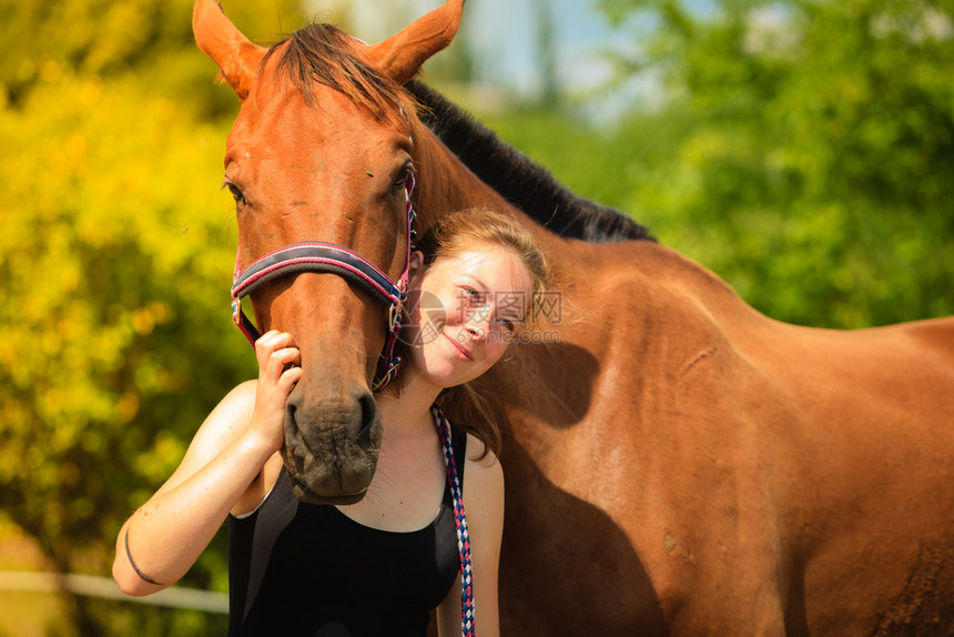 骑马的年轻女孩在阳光明媚的一天抚摸和拥抱棕色的马骑年轻女孩抚摸和拥抱棕色的马图片