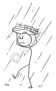 再曼多大雨中行走的火柴人插画