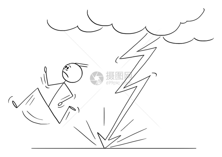 矢量卡通棒图解人类或商从闪电击中靠近他的地方跑来概念图图片