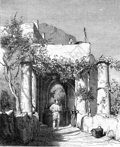 在卡普里进入一家客栈由KarlGirardet在自然之后绘制用古老的刻画图解MagasinPittoresque182年背景图片