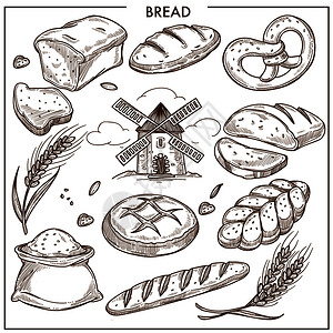 新鲜芳香小麦和黑面包粉长成熟的钉子美味脆饼和老磨坊孤立的卡通片状的草质矢量插图集新鲜芳香面包和旧磨坊成套图集背景图片